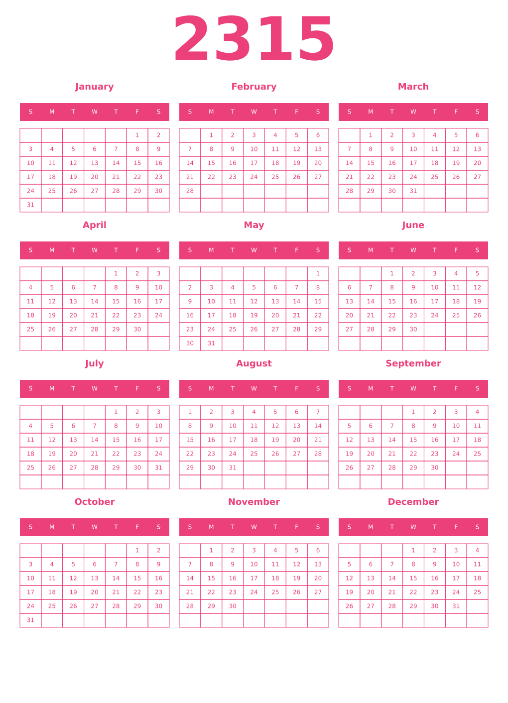 Printable 2315 Year Calendars pink