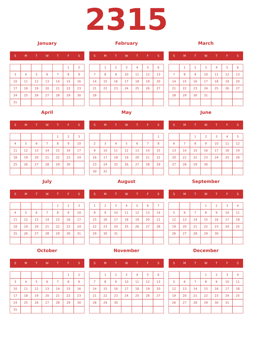 Printable 2315 Year Calendars red
