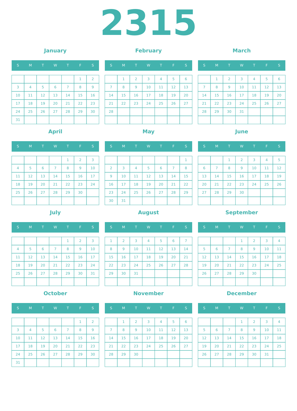Printable 2315 Year Calendars verdigris