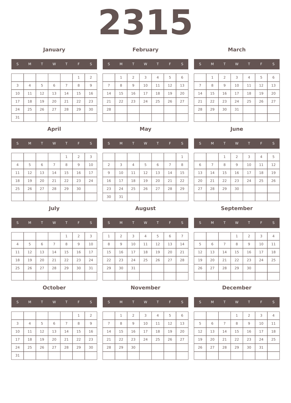 Printable 2315 Year Calendars wenge