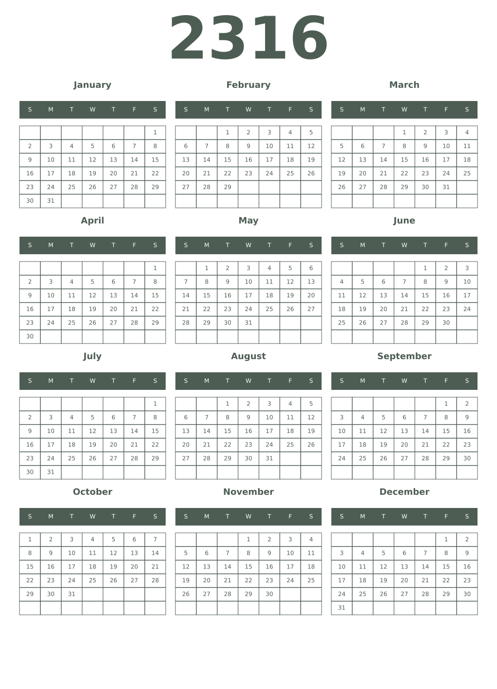 Printable 2316 Year Calendars feldgrau