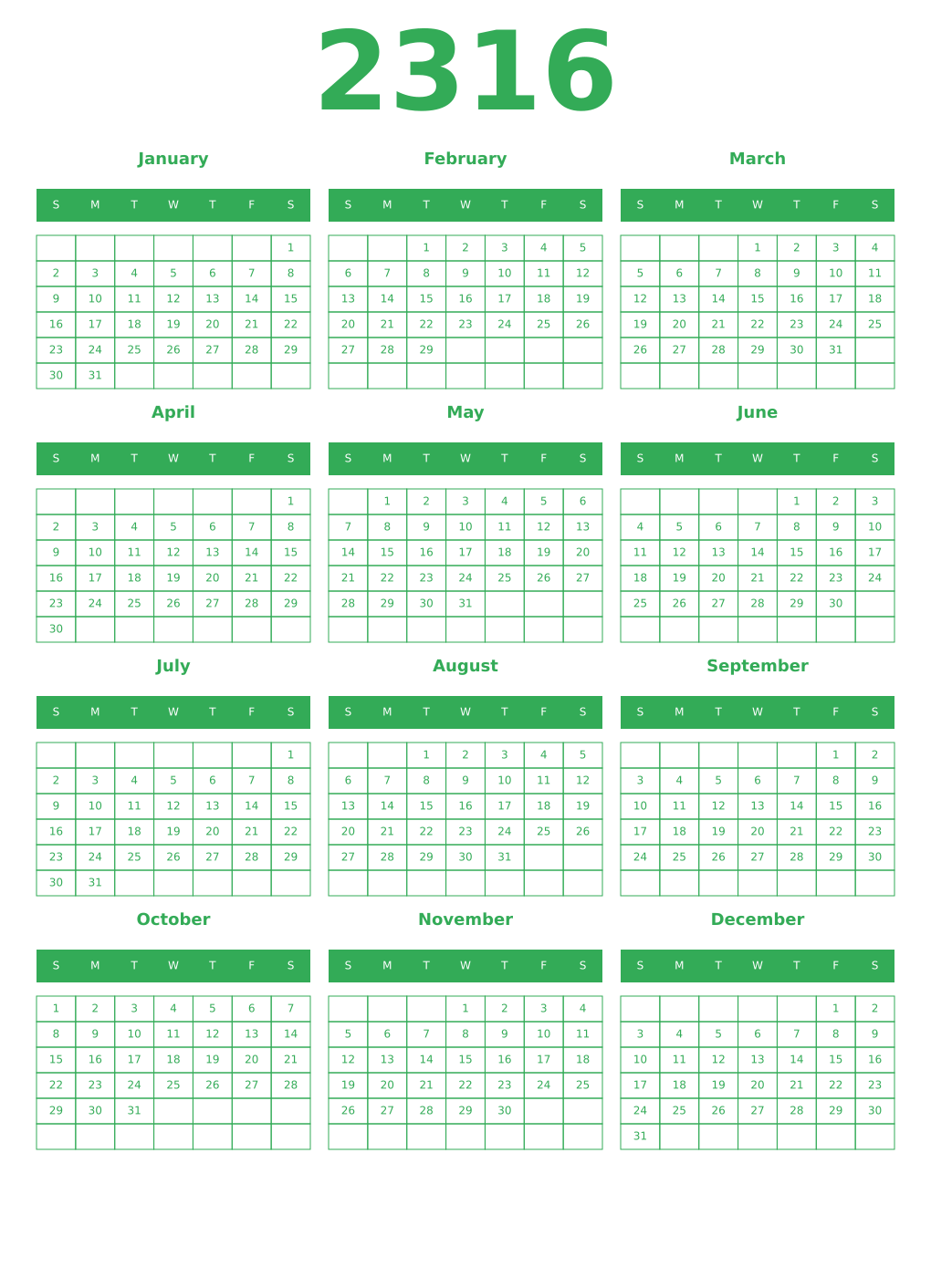 Printable 2316 Year Calendars green