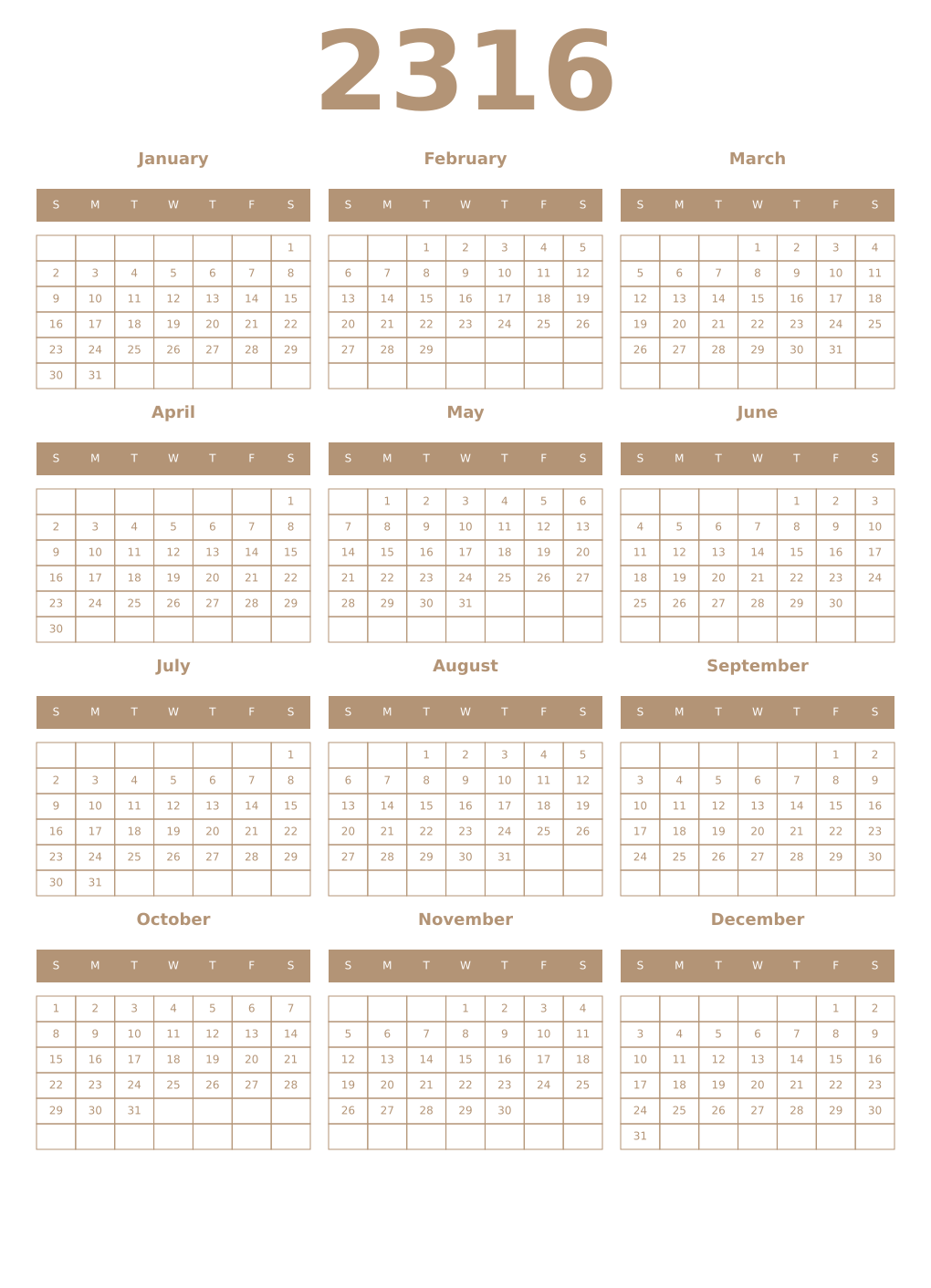 Printable 2316 Year Calendars isabelline