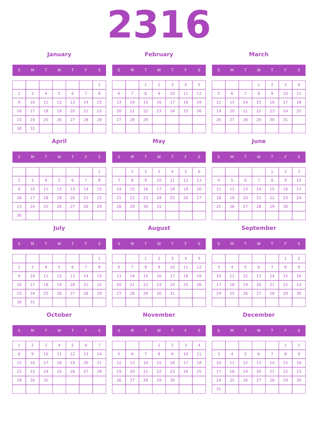 Printable 2316 Year Calendars purple