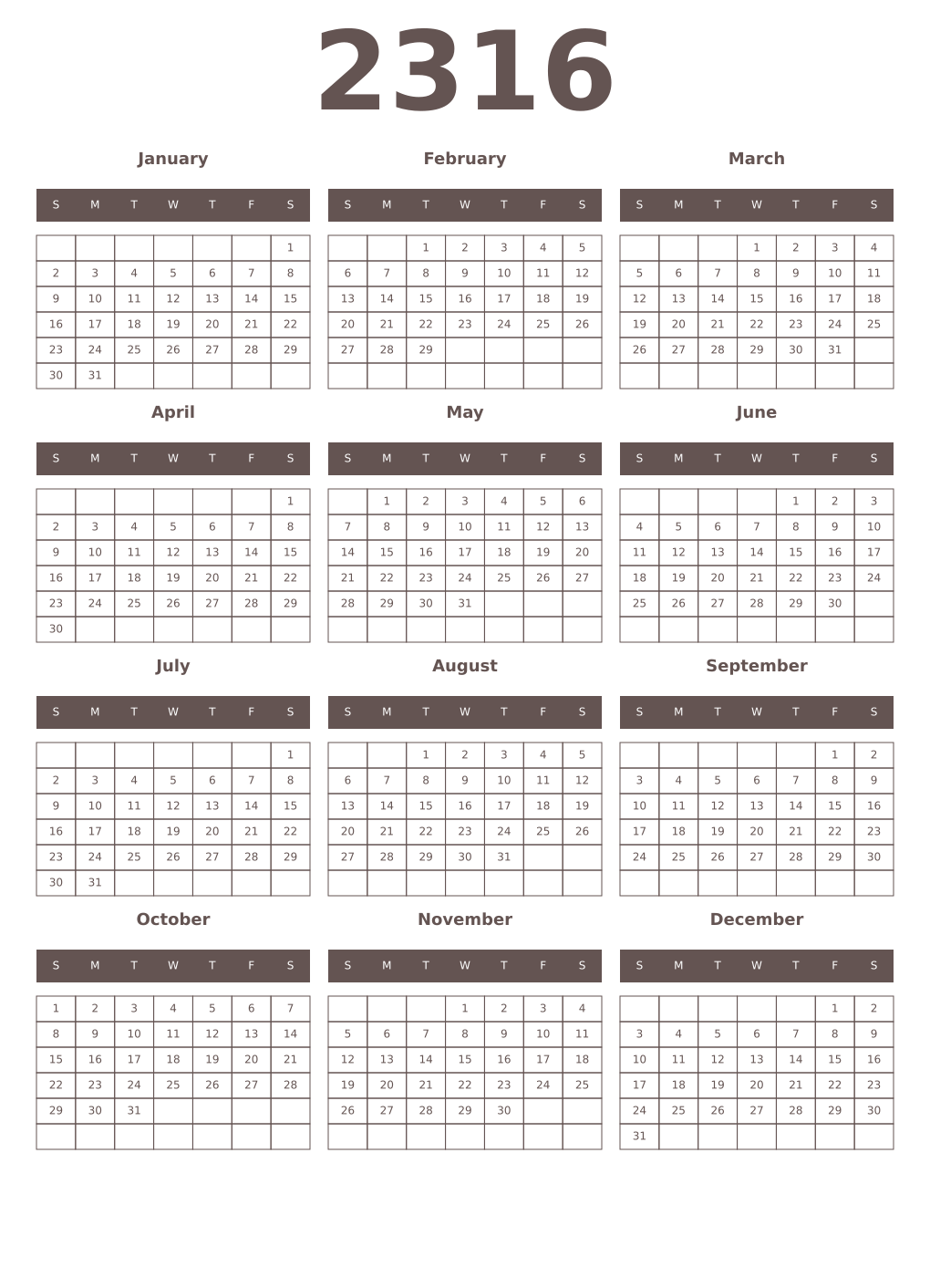Printable 2316 Year Calendars wenge