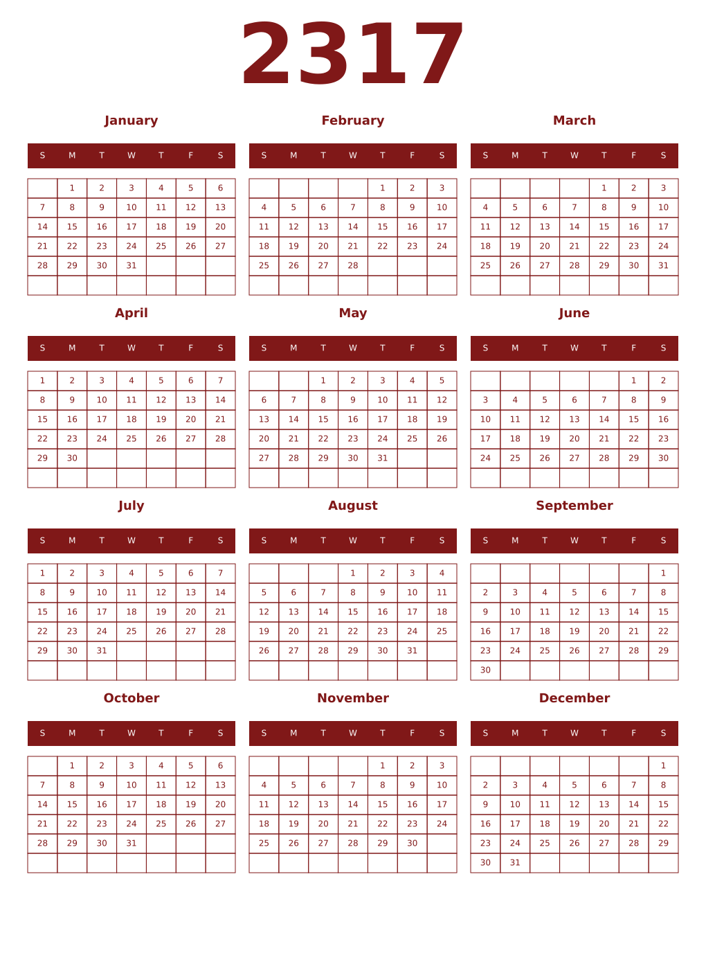 Printable 2317 Year Calendars falu