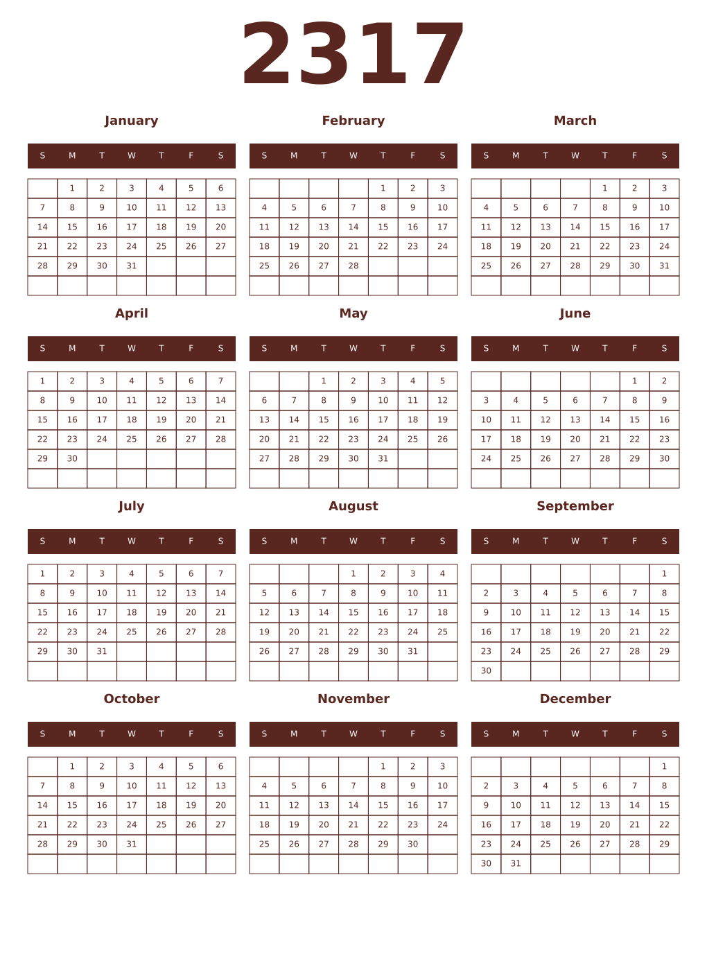 Printable 2317 Year Calendars mortuum