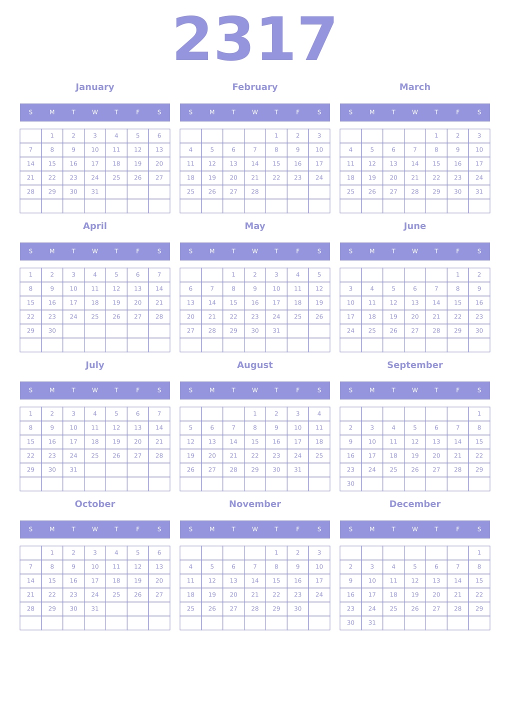 Printable 2317 Year Calendars periwinkle