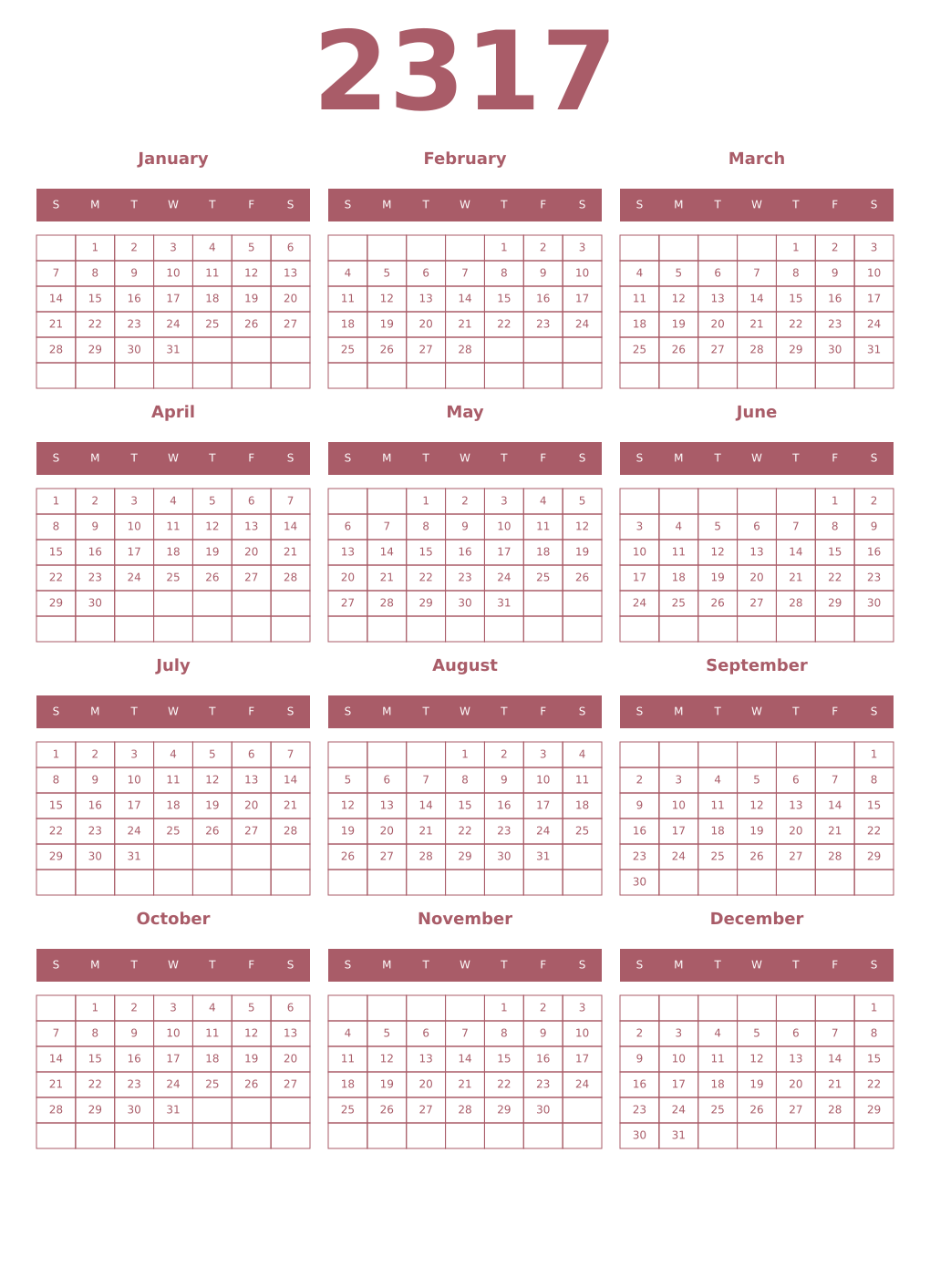 Printable 2317 Year Calendars puce
