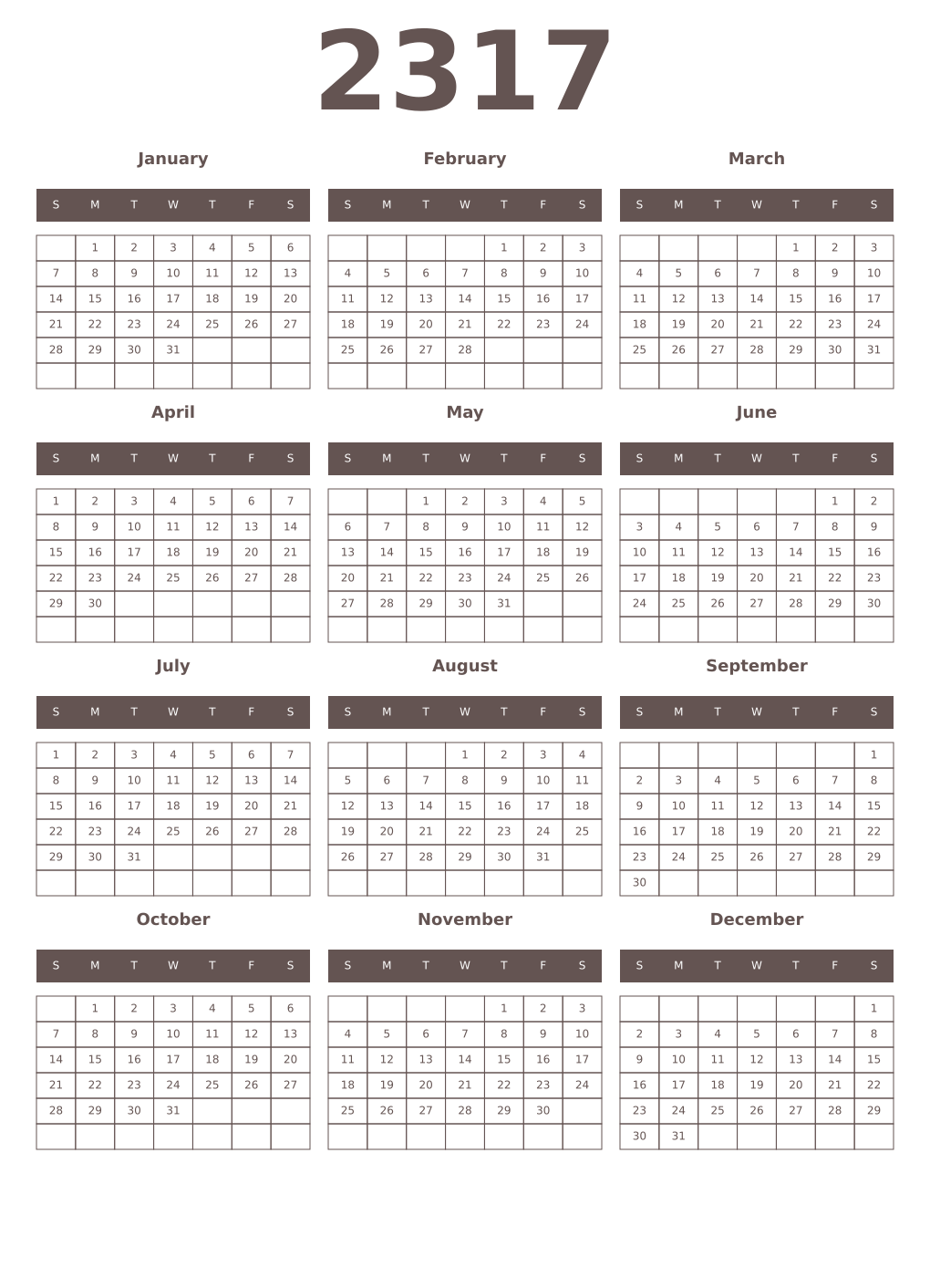 Printable 2317 Year Calendars wenge