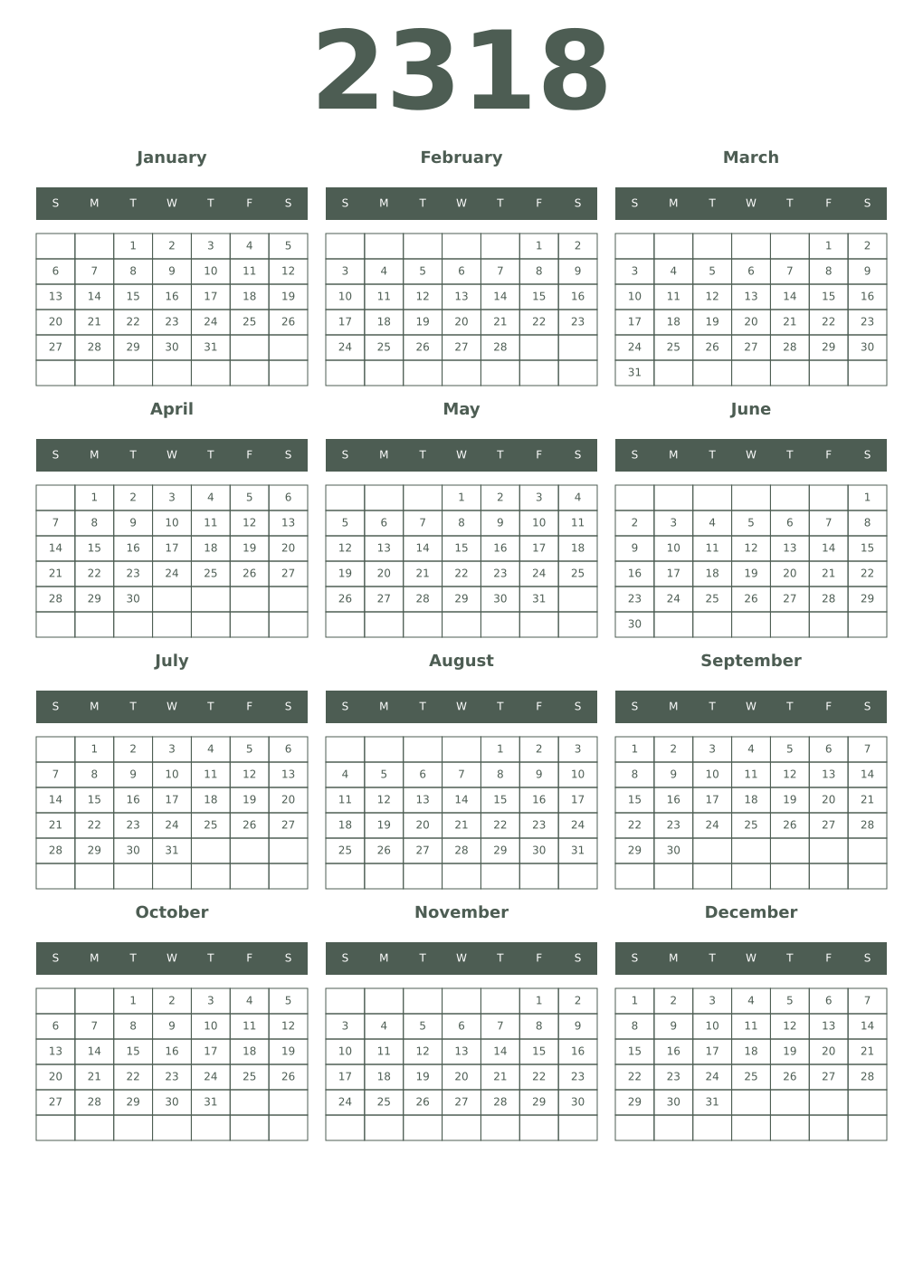 Printable 2318 Year Calendars feldgrau