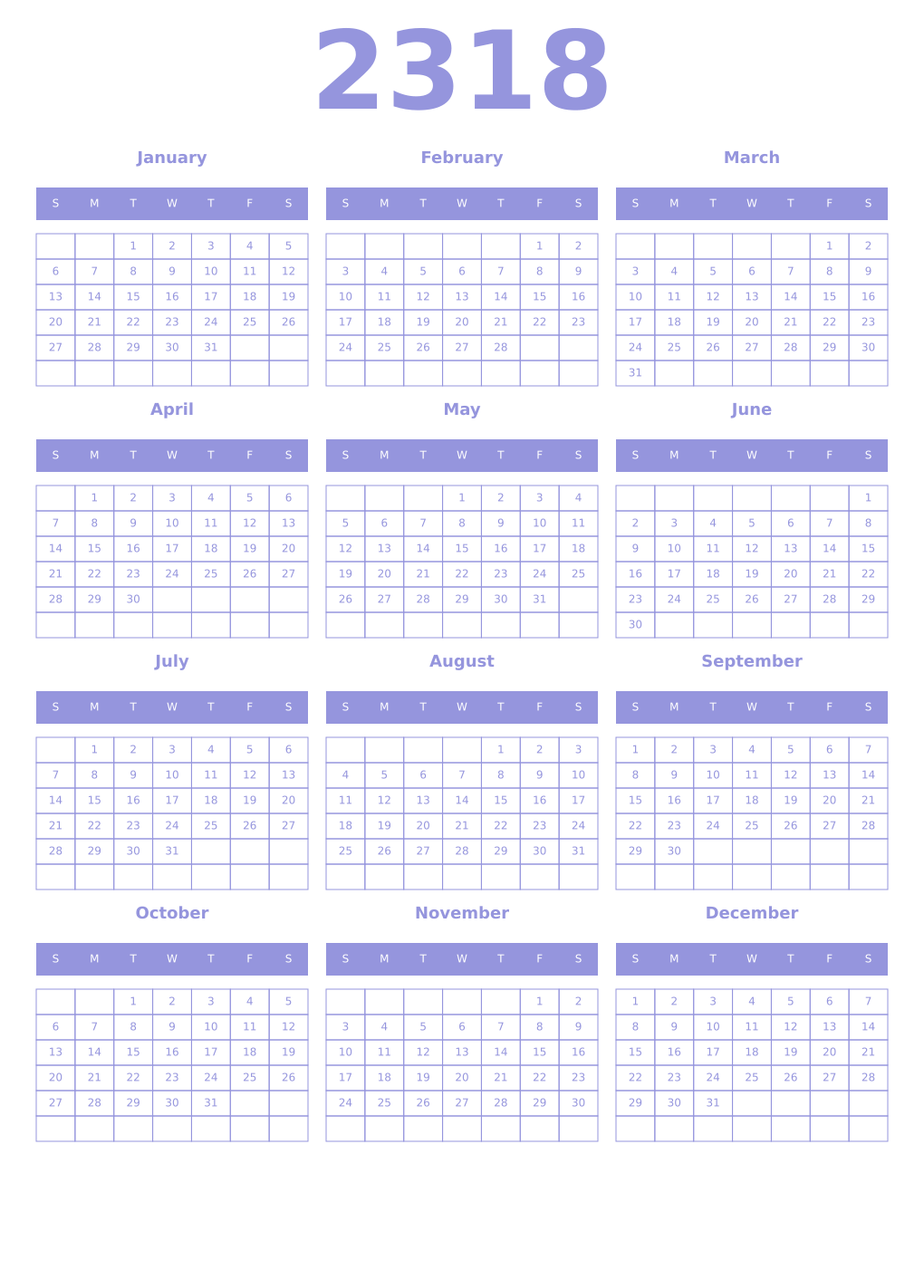 Printable 2318 Year Calendars periwinkle
