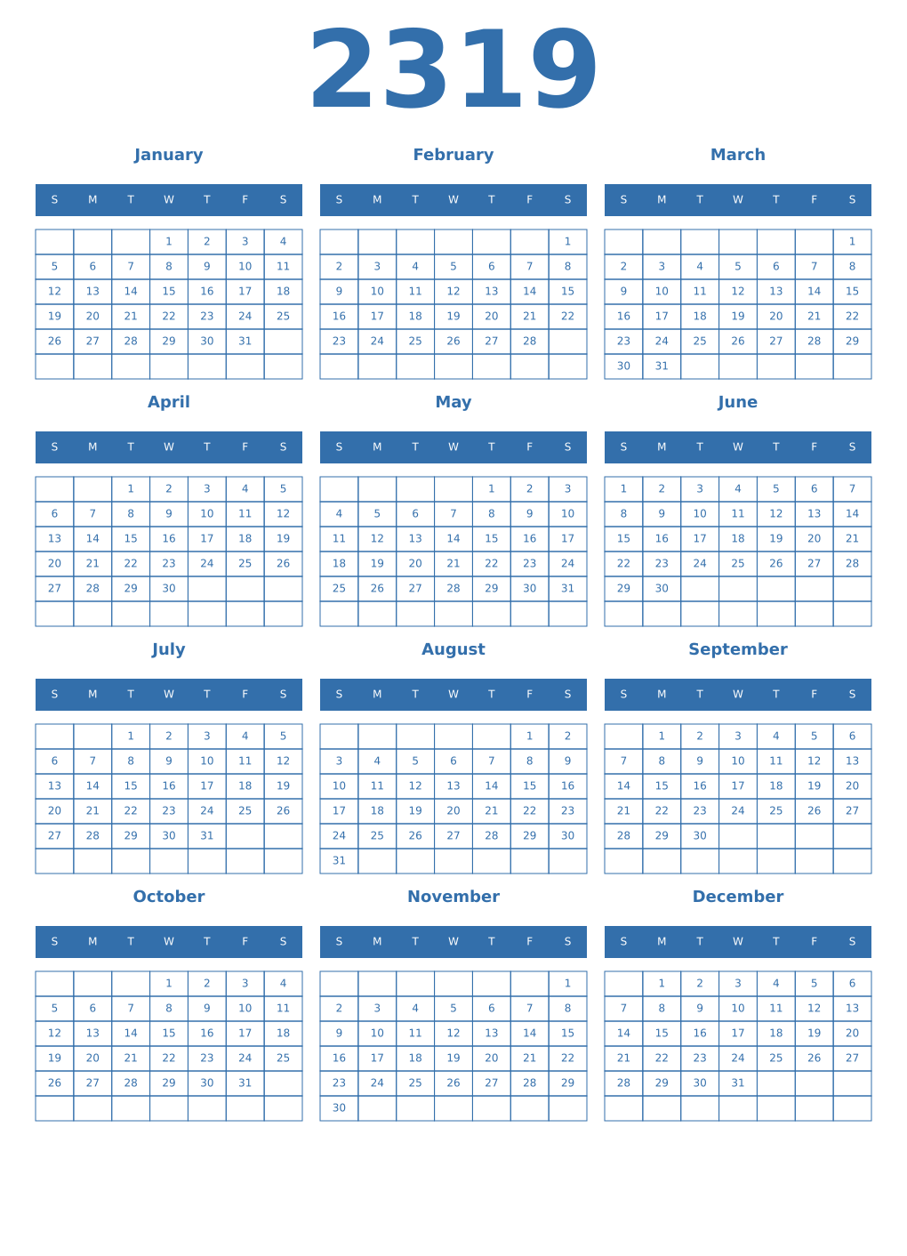 Printable 2319 Year Calendars blue