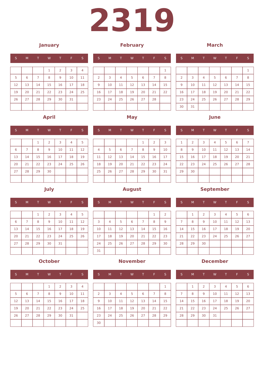 Printable 2319 Year Calendars cordovan