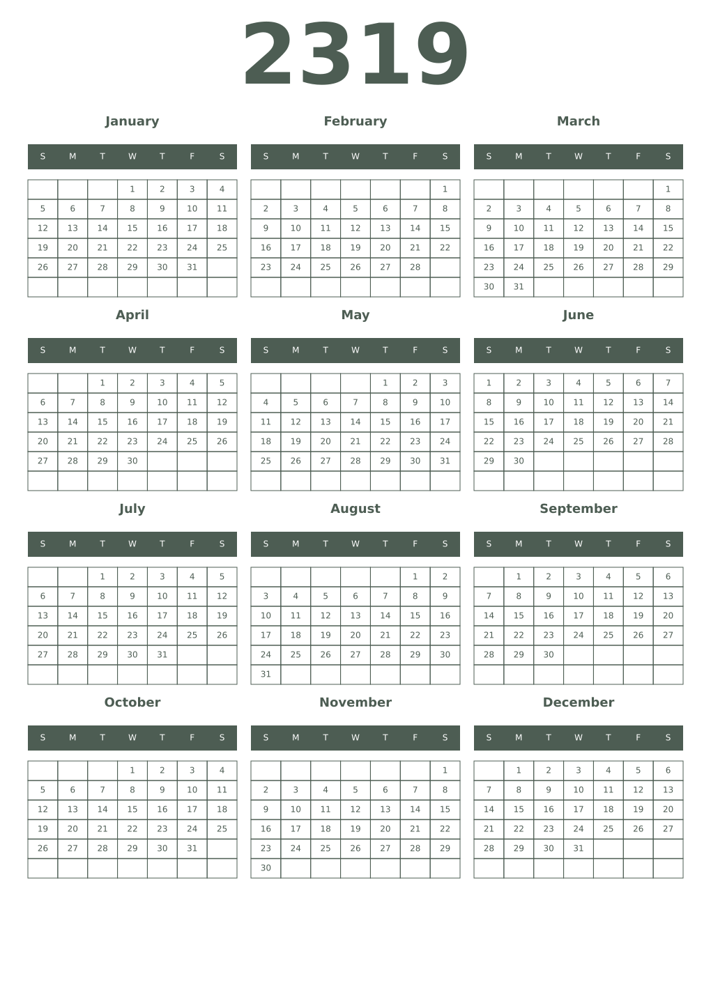 Printable 2319 Year Calendars feldgrau