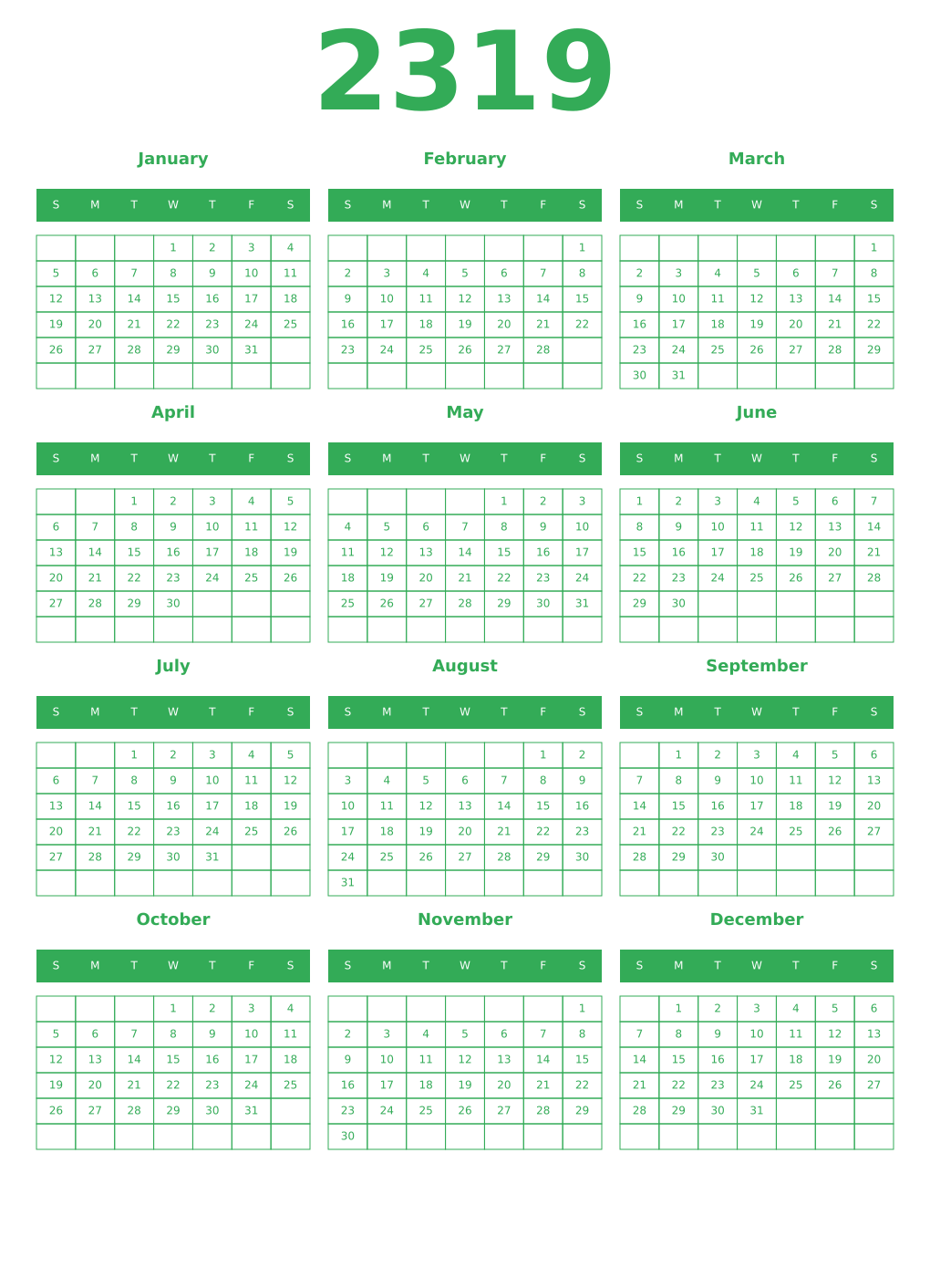 Printable 2319 Year Calendars green