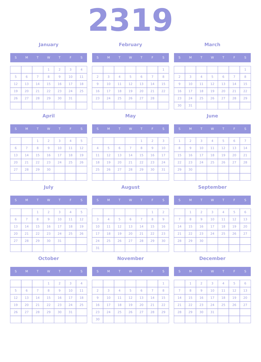 Printable 2319 Year Calendars periwinkle