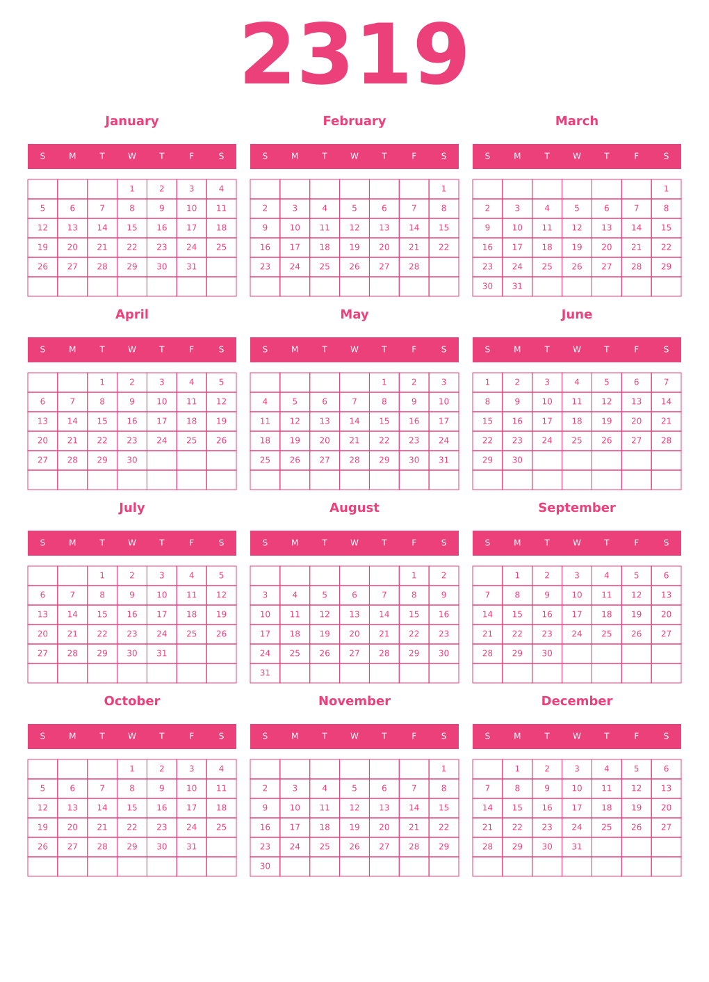 Printable 2319 Year Calendars pink