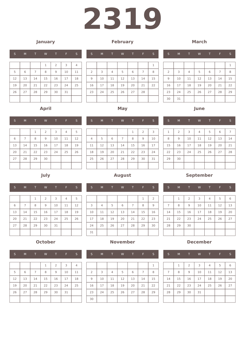 Printable 2319 Year Calendars wenge