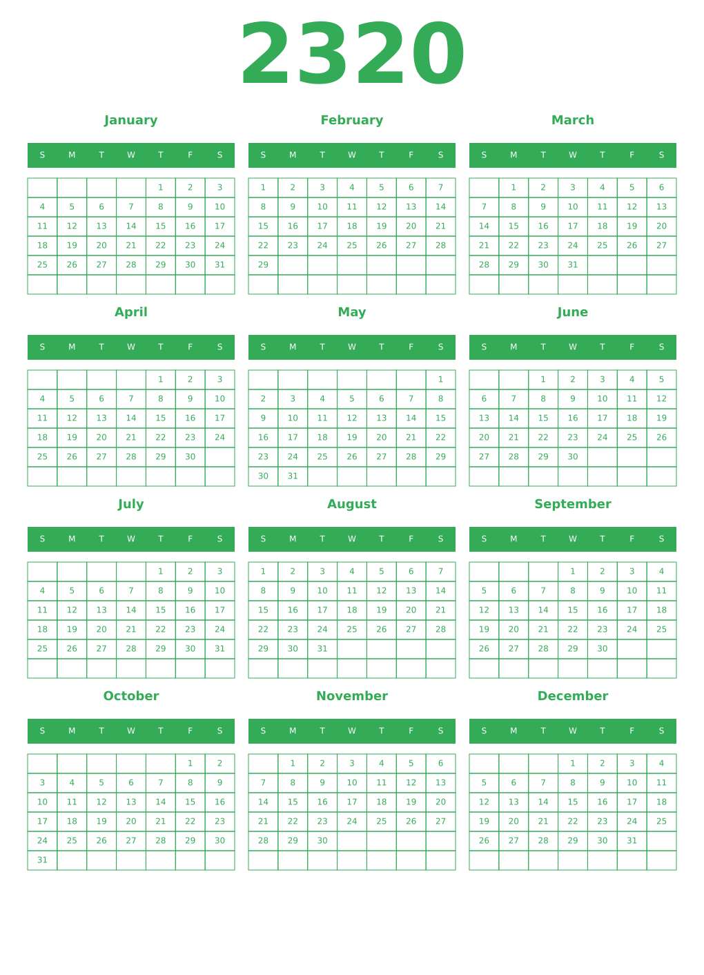 Printable 2320 Year Calendars green