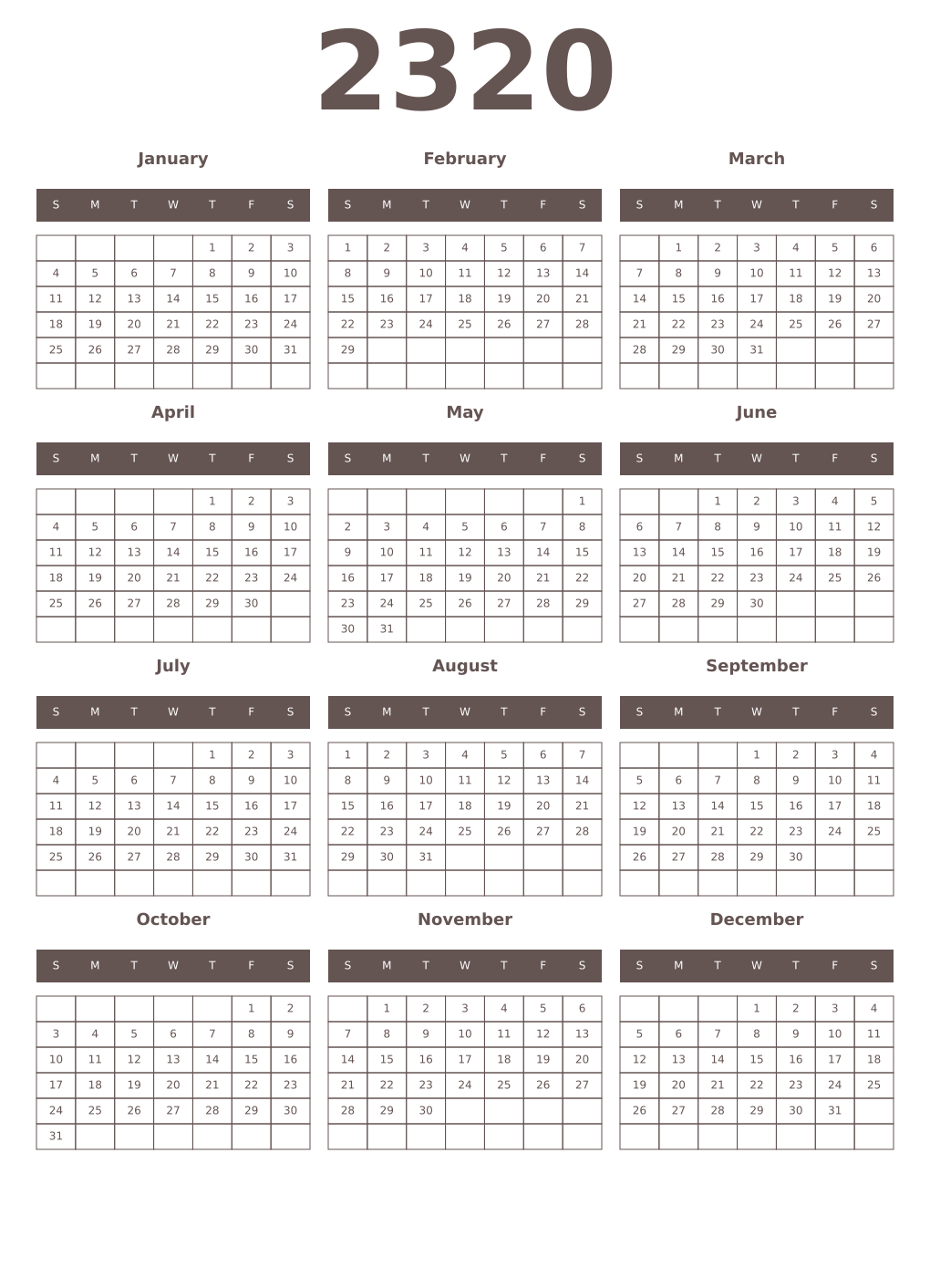 Printable 2320 Year Calendars wenge