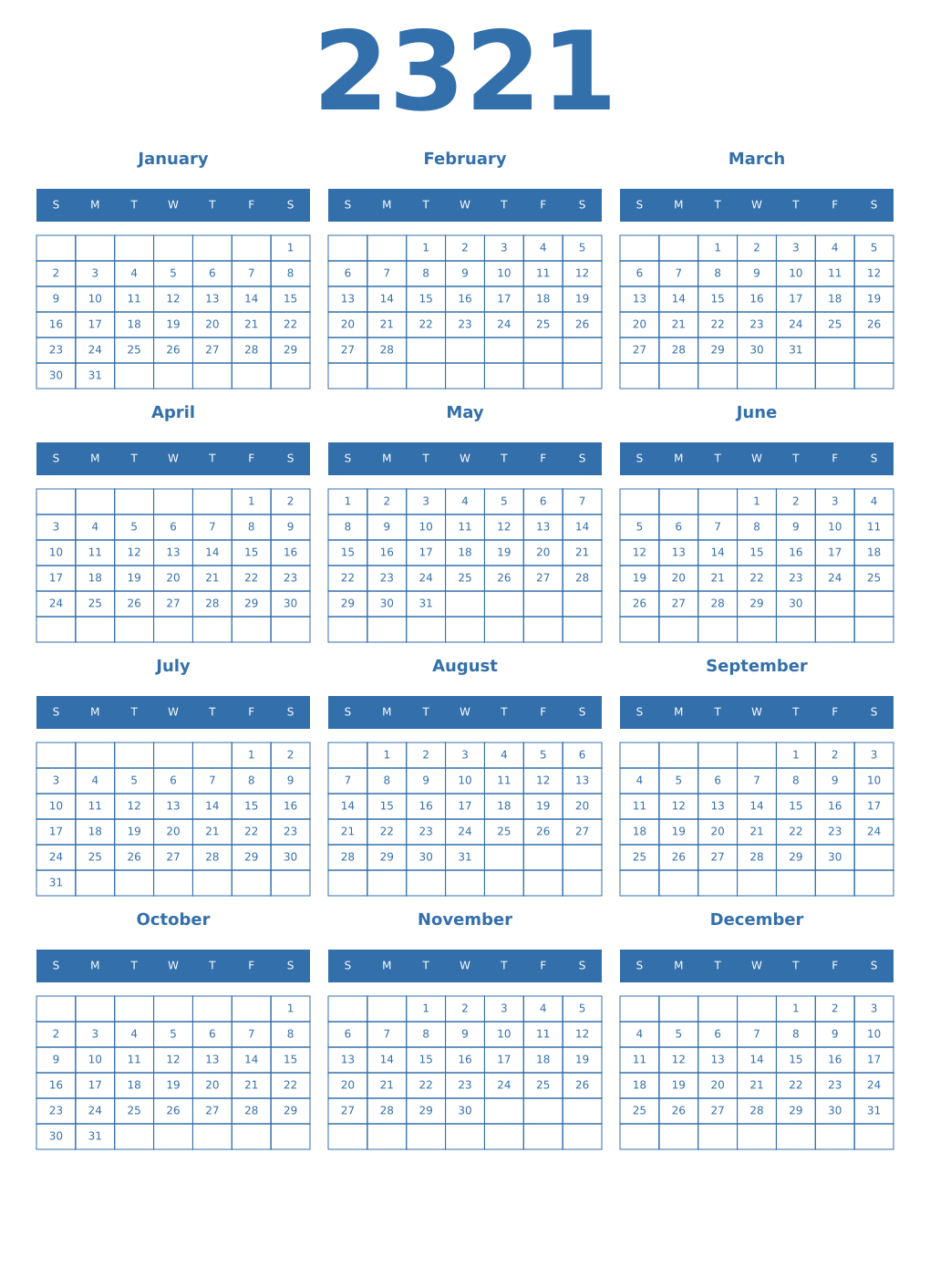 Printable 2321 Year Calendars blue