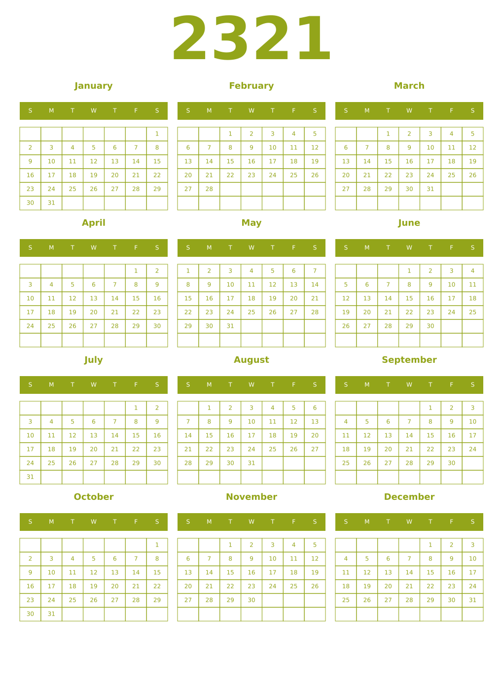 Printable 2321 Year Calendars chartreuse