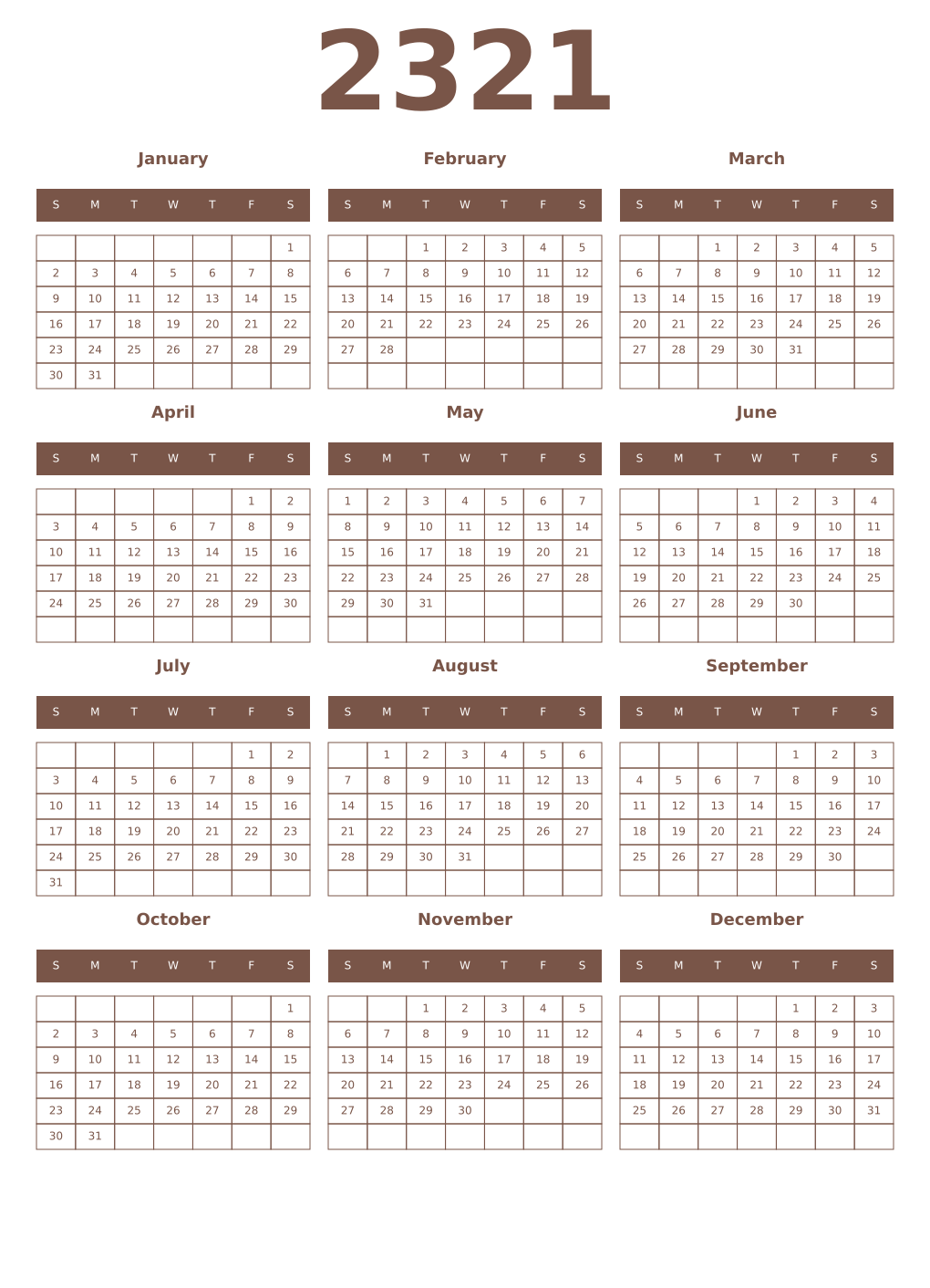 Printable 2321 Year Calendars coffe
