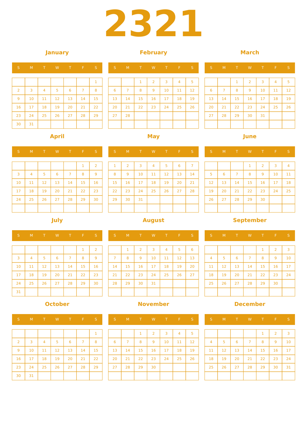 Printable 2321 Year Calendars gamboge