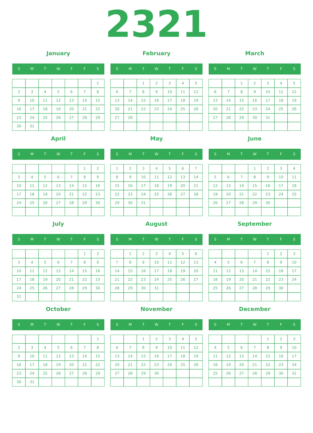 Printable 2321 Year Calendars green