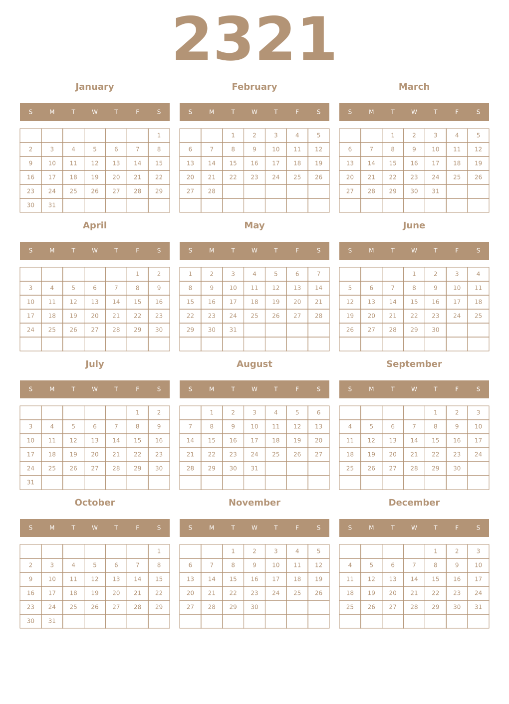 Printable 2321 Year Calendars isabelline