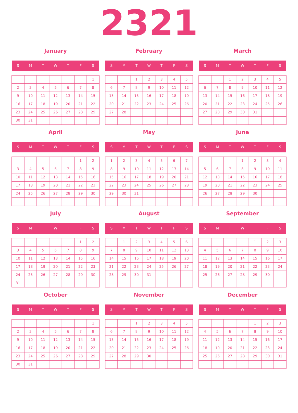 Printable 2321 Year Calendars pink