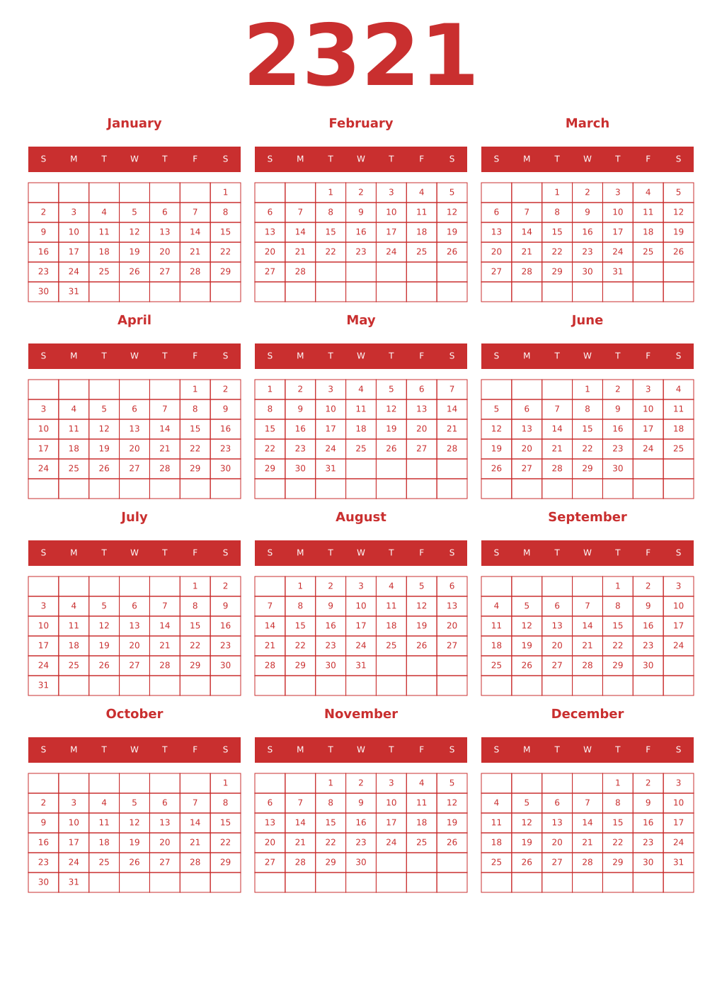 Printable 2321 Year Calendars red