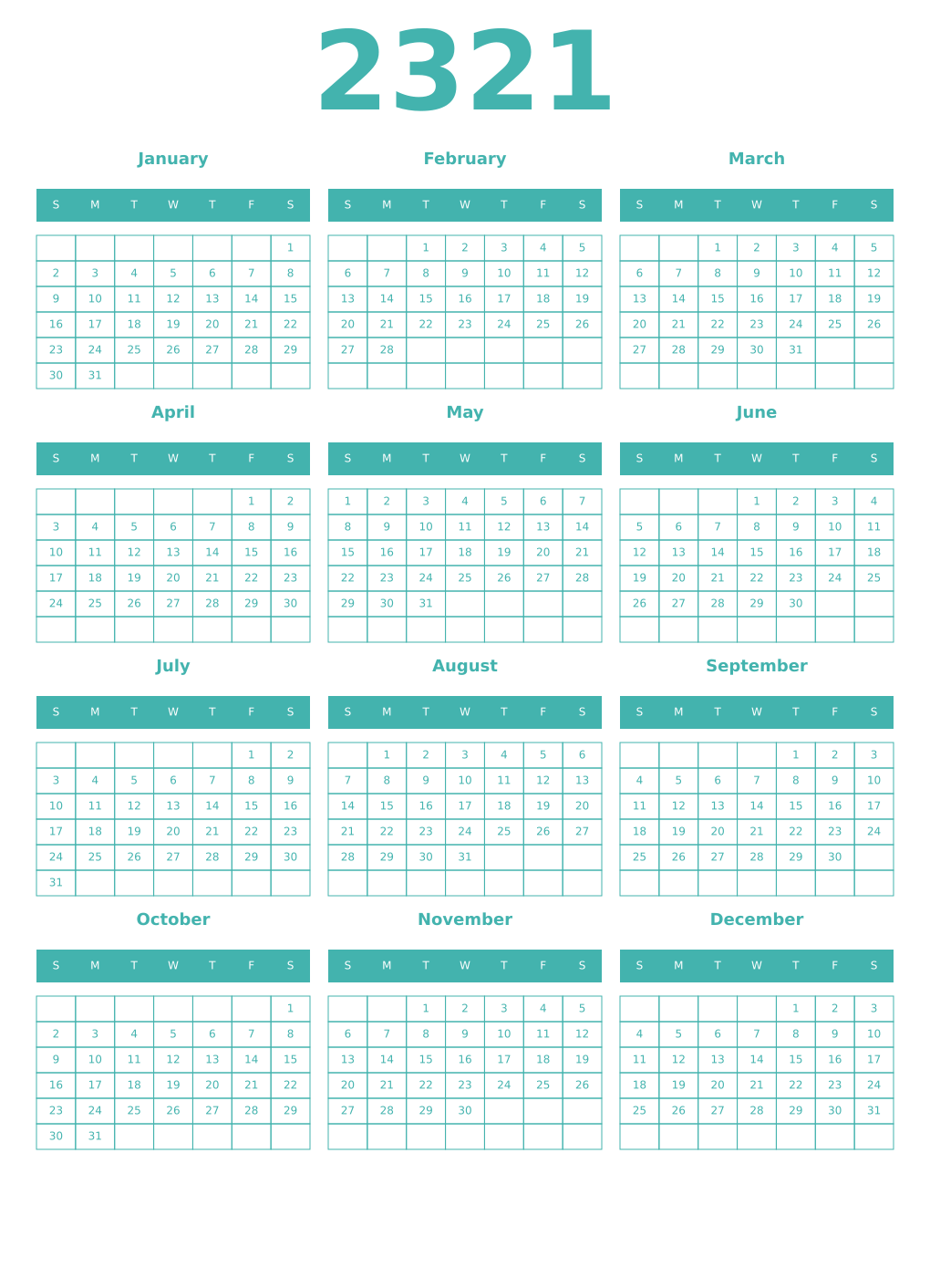 Printable 2321 Year Calendars verdigris