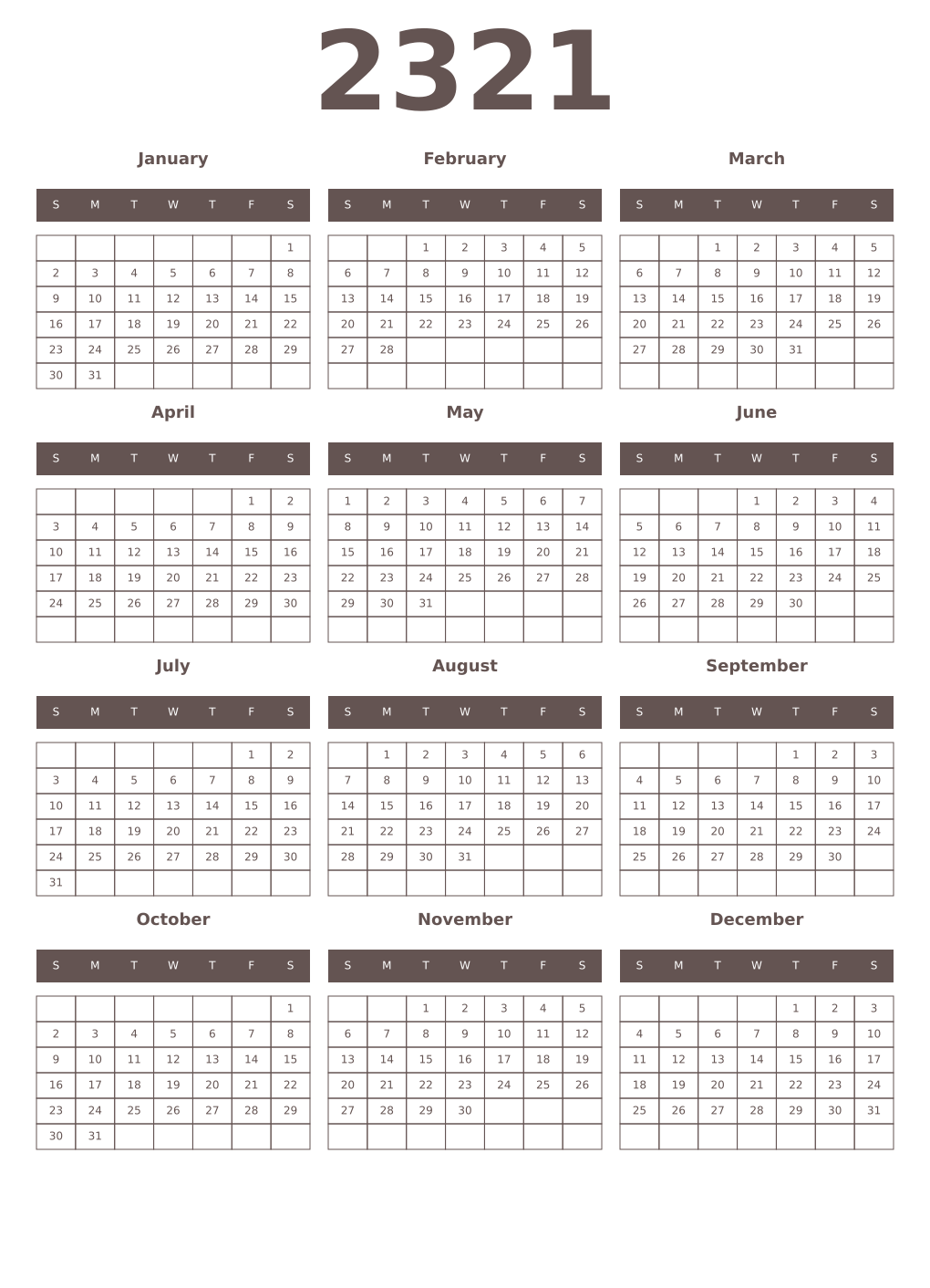 Printable 2321 Year Calendars wenge