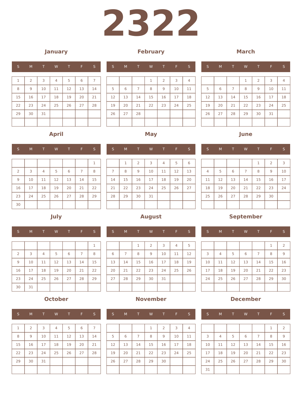 Printable 2322 Year Calendars coffe