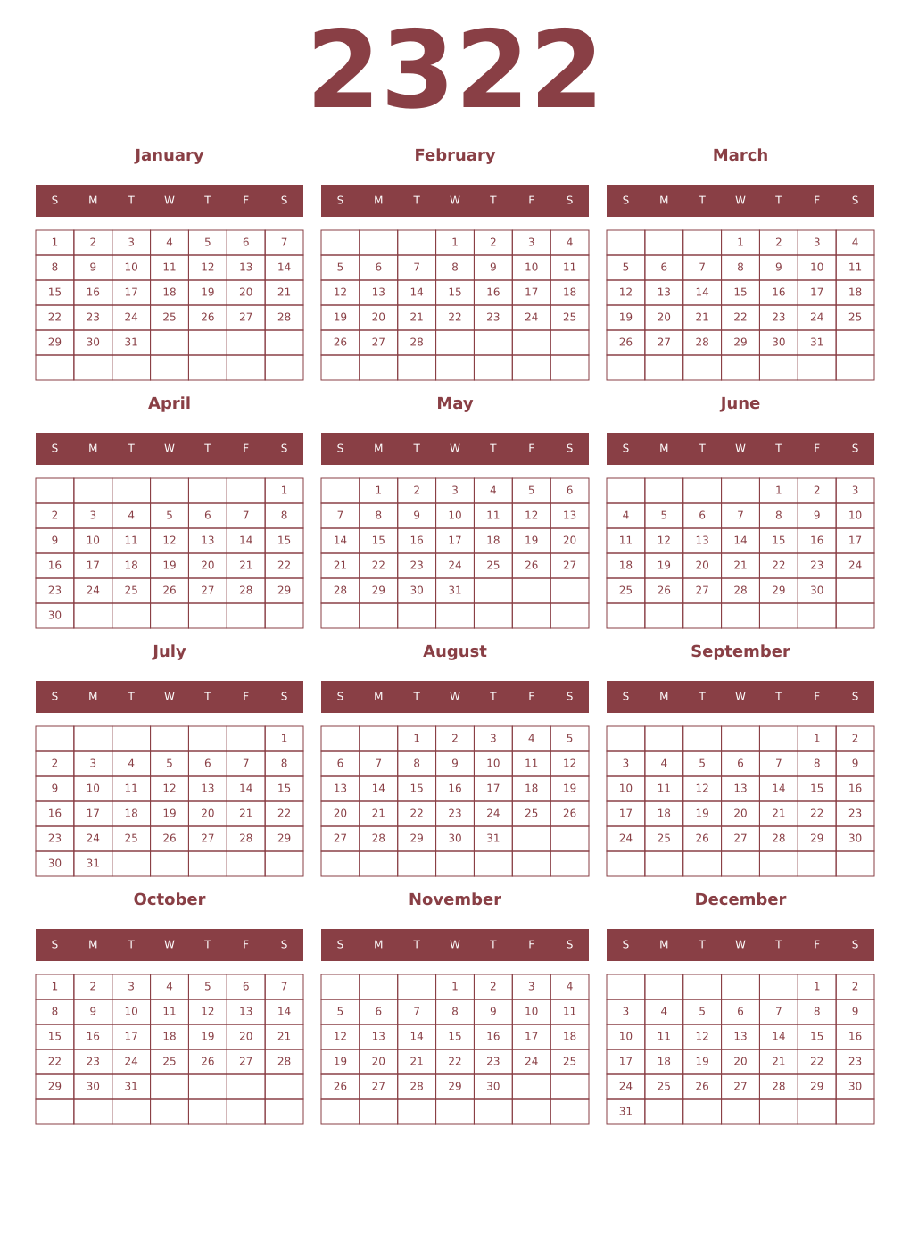 Printable 2322 Year Calendars cordovan