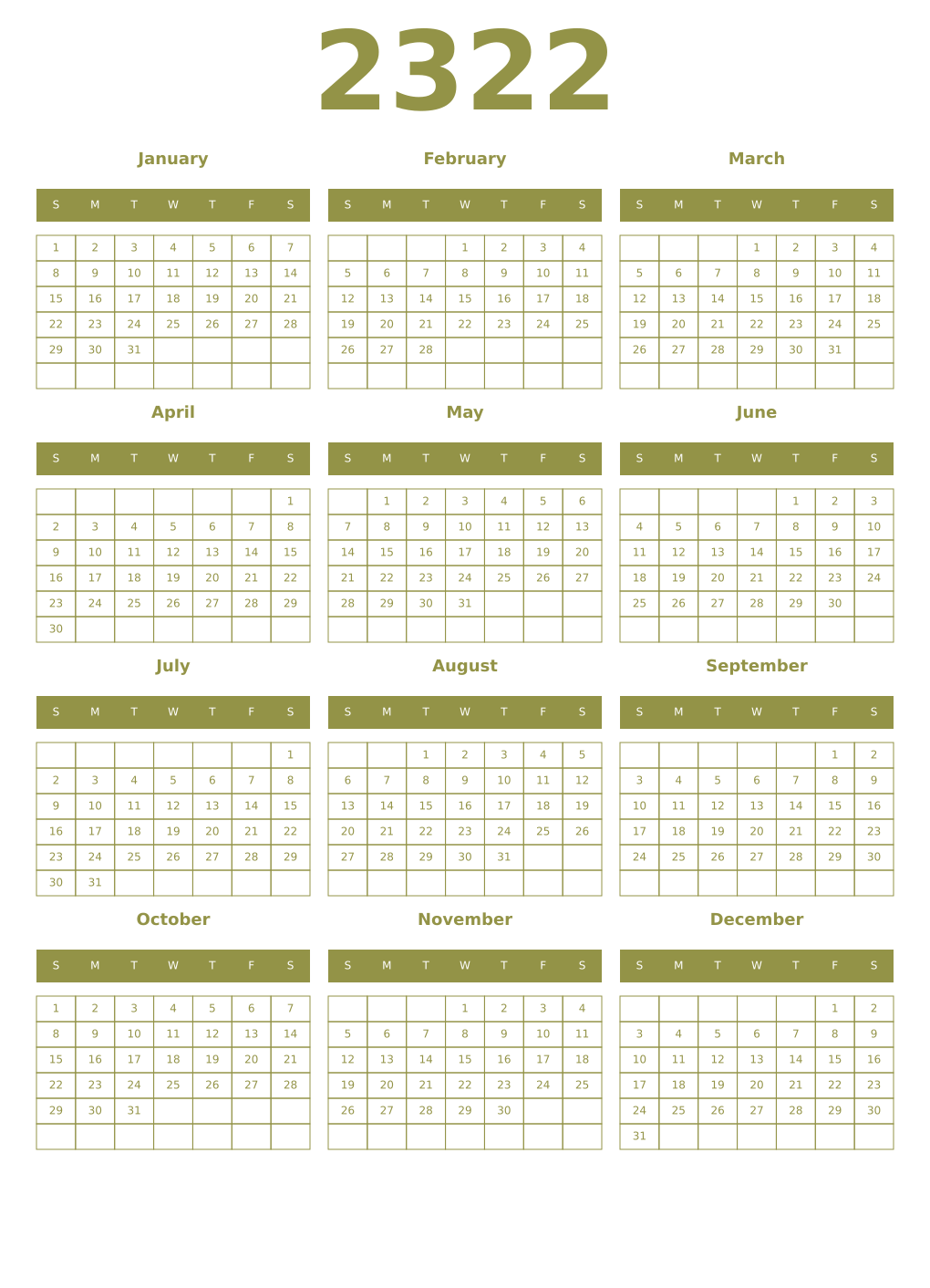 Printable 2322 Year Calendars eburnean