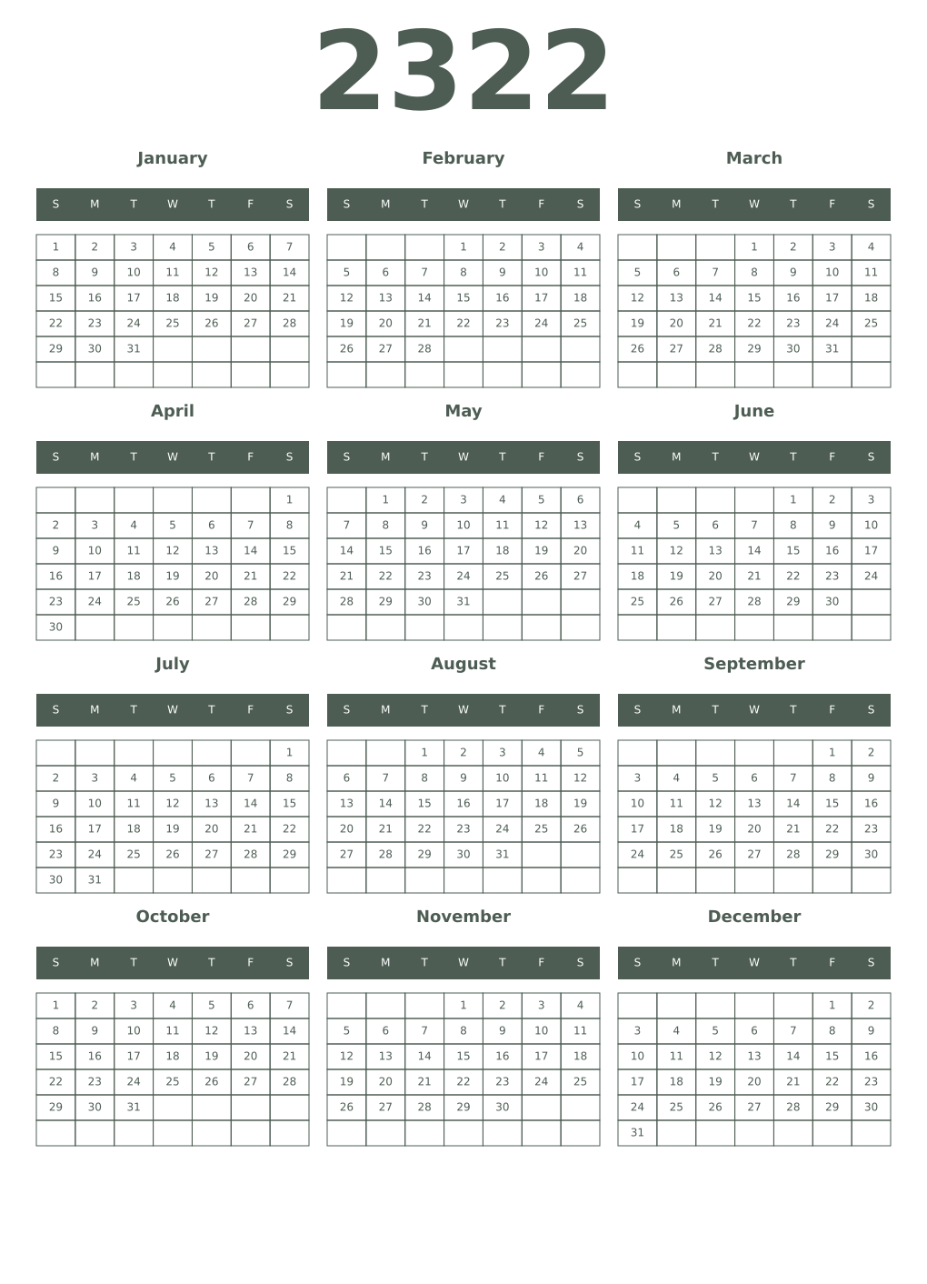 Printable 2322 Year Calendars feldgrau