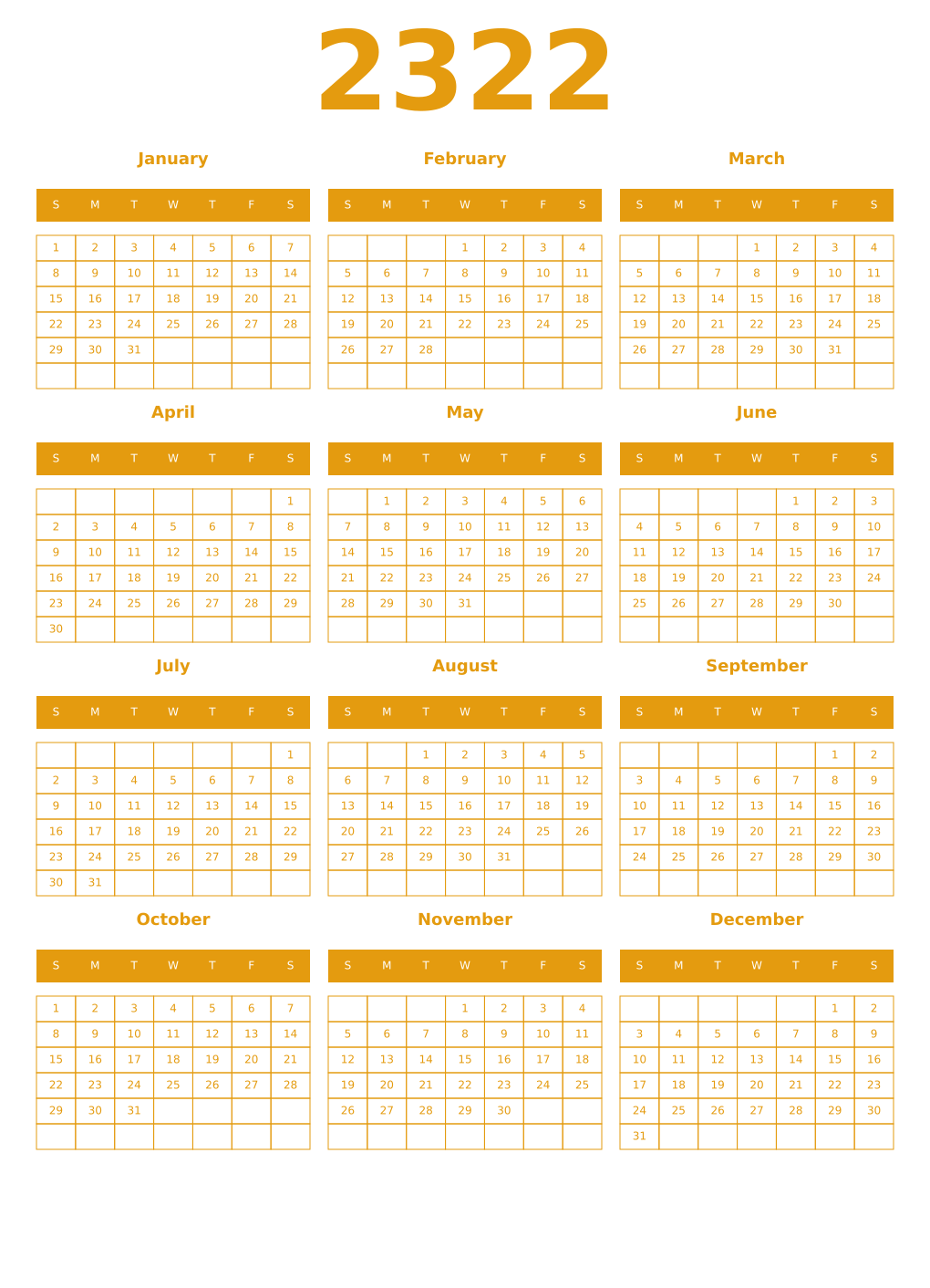 Printable 2322 Year Calendars gamboge