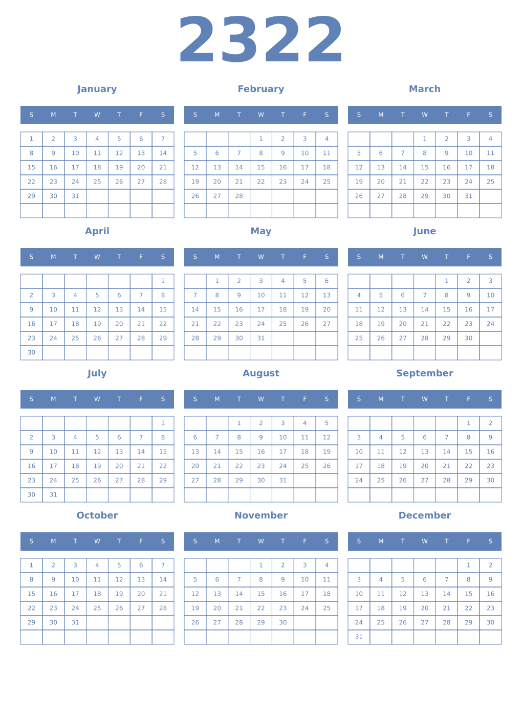 Printable 2322 Year Calendars glaucous