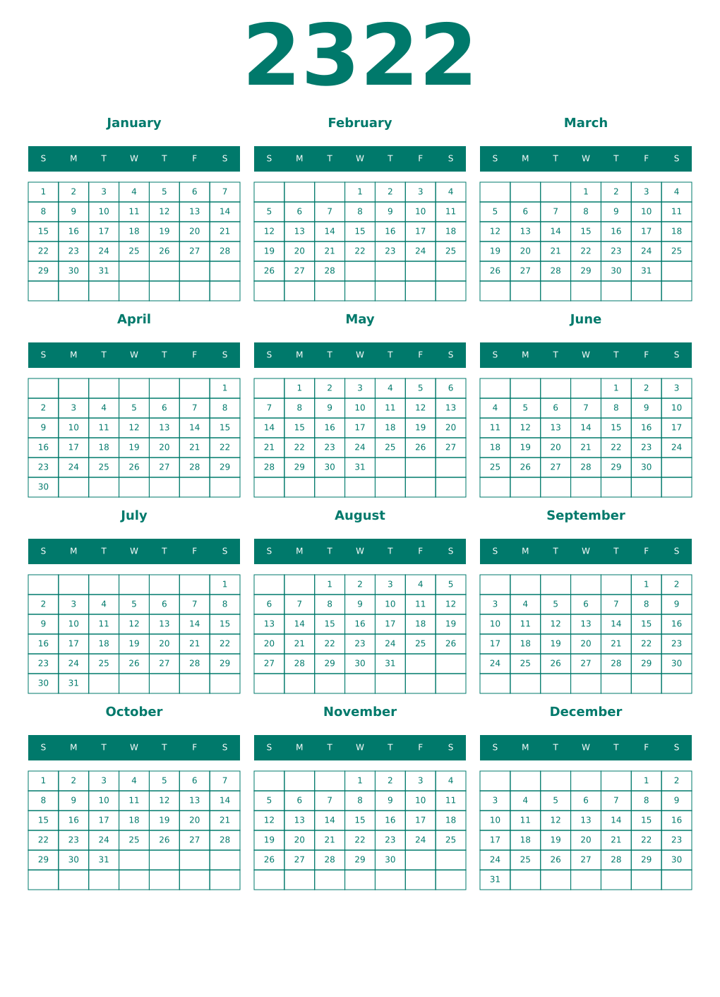 Printable 2322 Year Calendars pastel