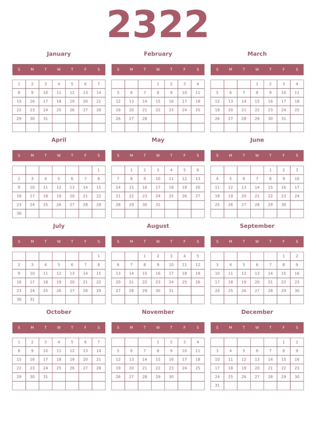 Printable 2322 Year Calendars puce