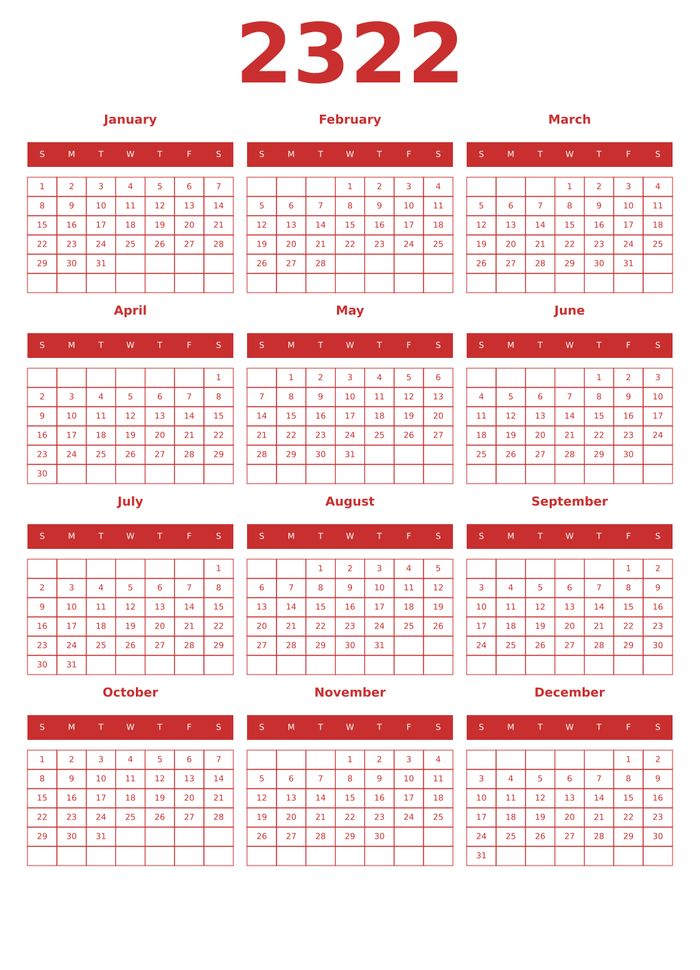 Printable 2322 Year Calendars red