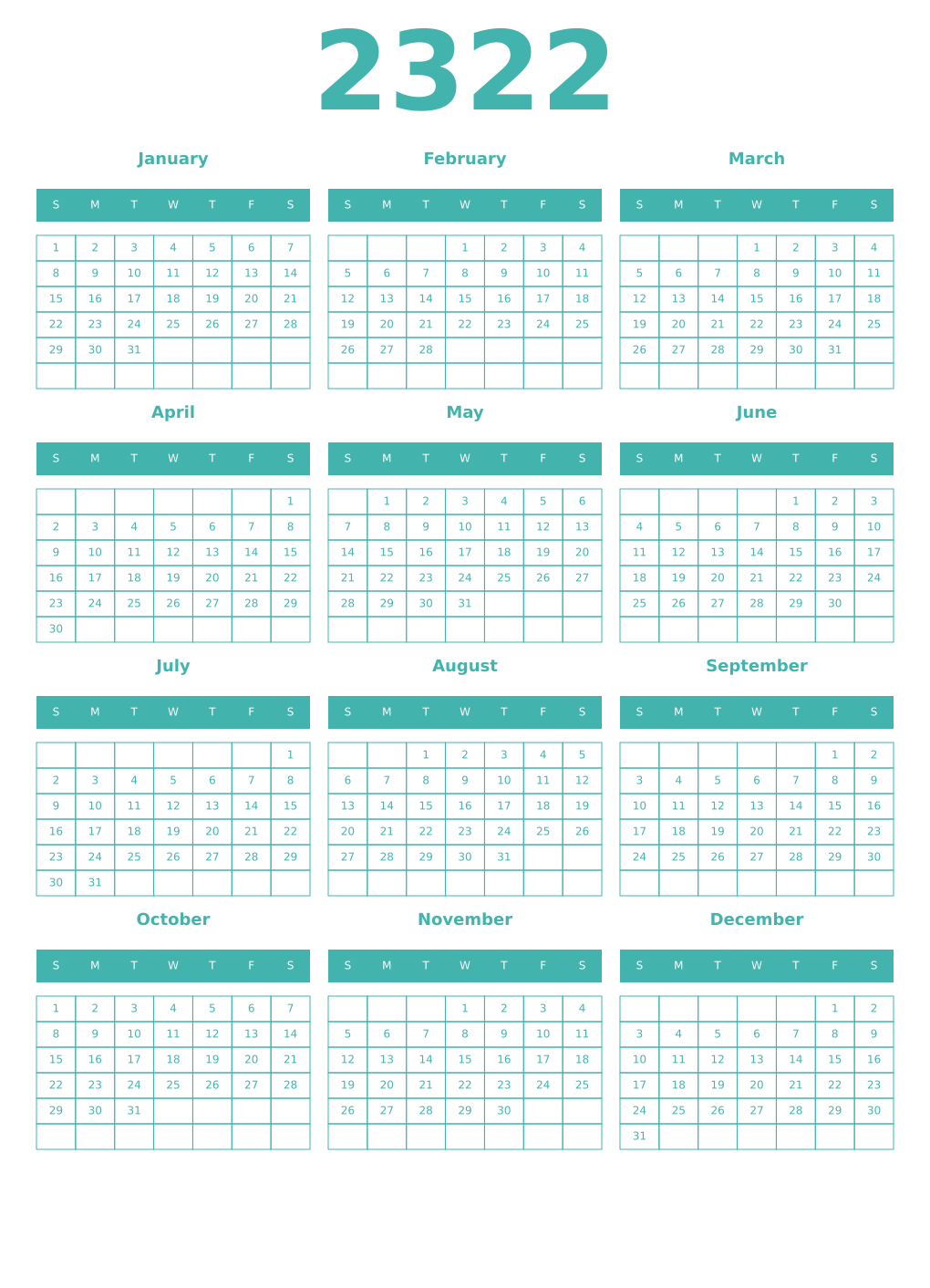 Printable 2322 Year Calendars verdigris