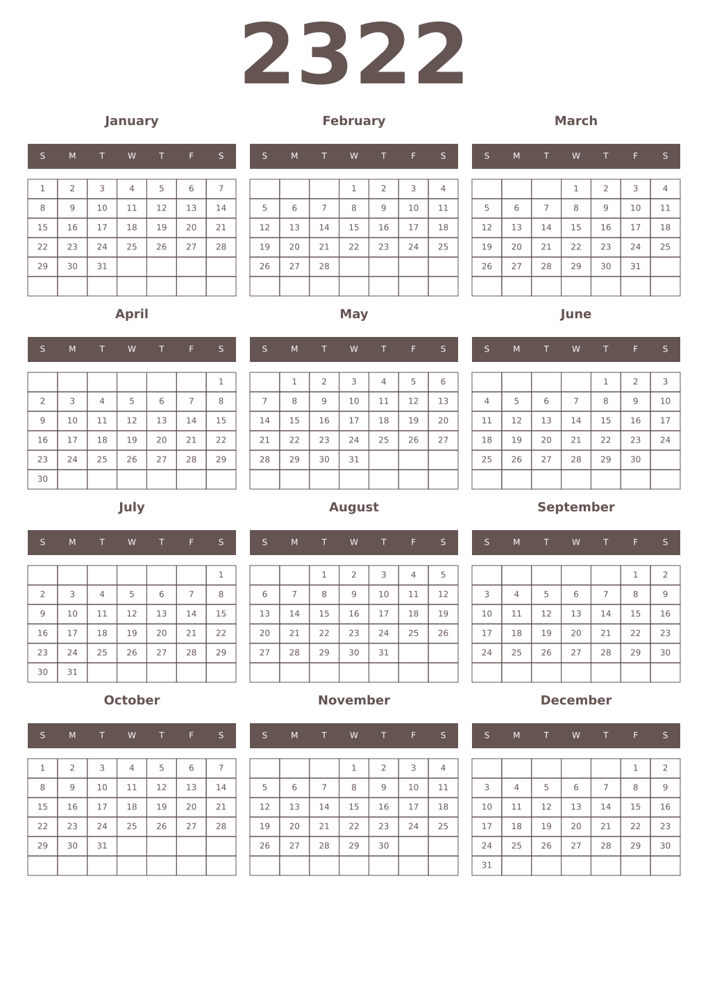 Printable 2322 Year Calendars wenge