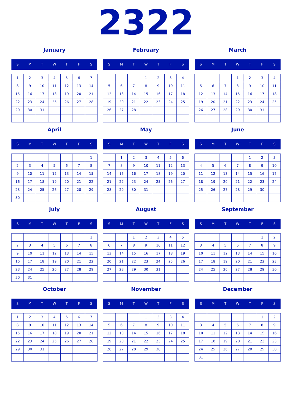 Printable 2322 Year Calendars zaffre