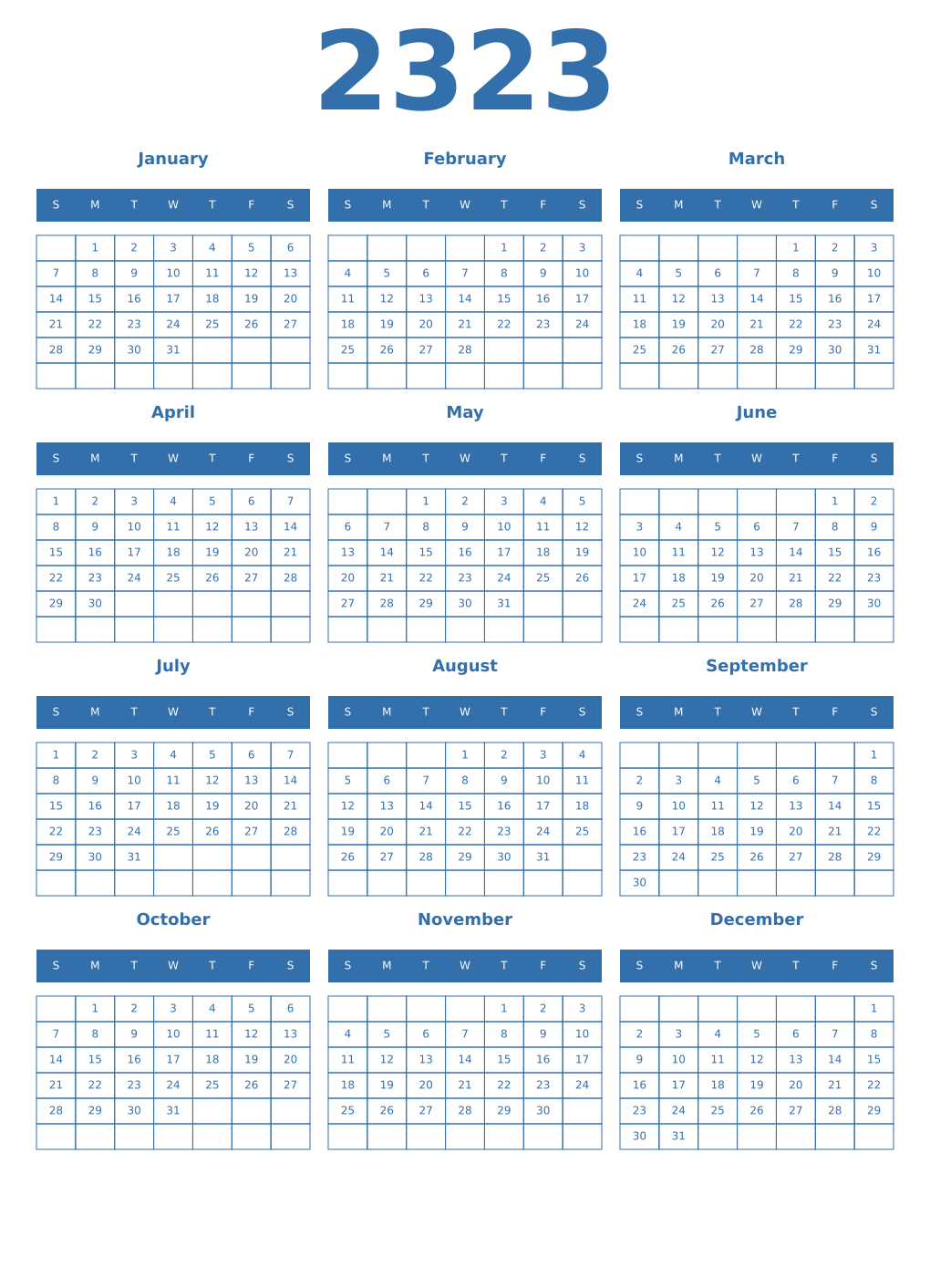 Printable 2323 Year Calendars blue