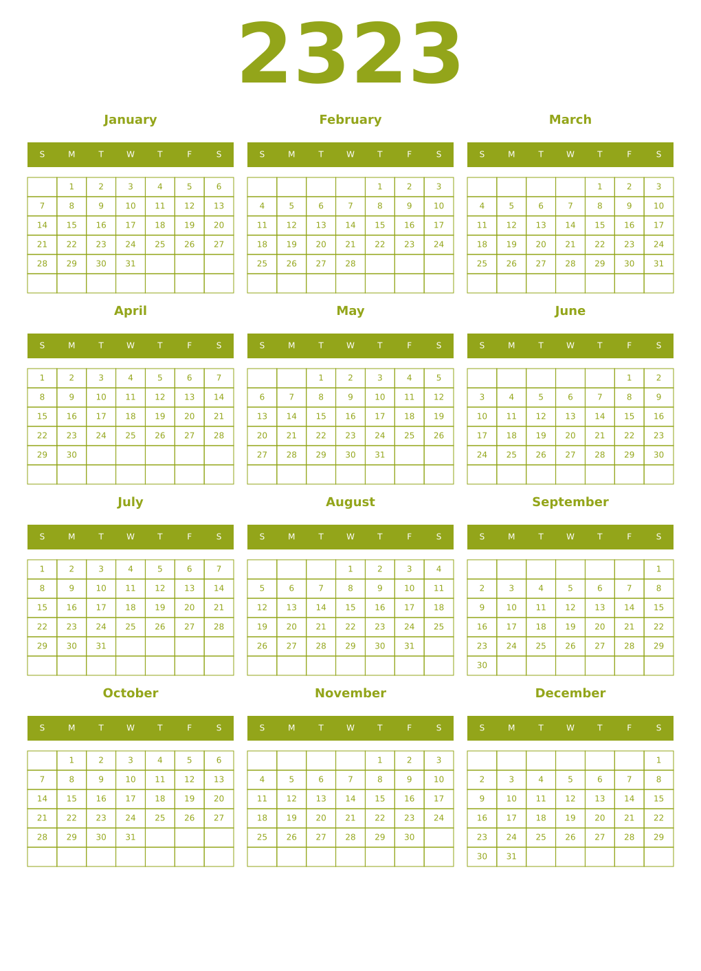Printable 2323 Year Calendars chartreuse