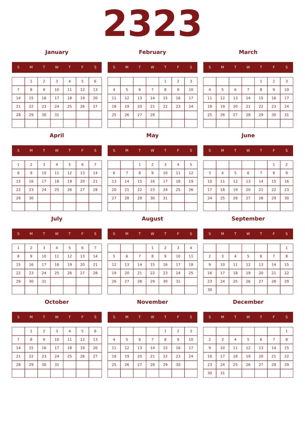 Printable 2323 Year Calendars falu